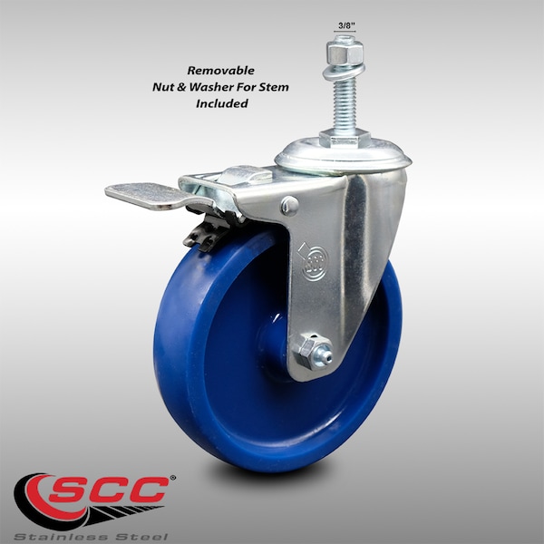 5 Inch SS Solid Polyurethane 3/8 Inch Threaded Stem Caster with Total Lock Brake